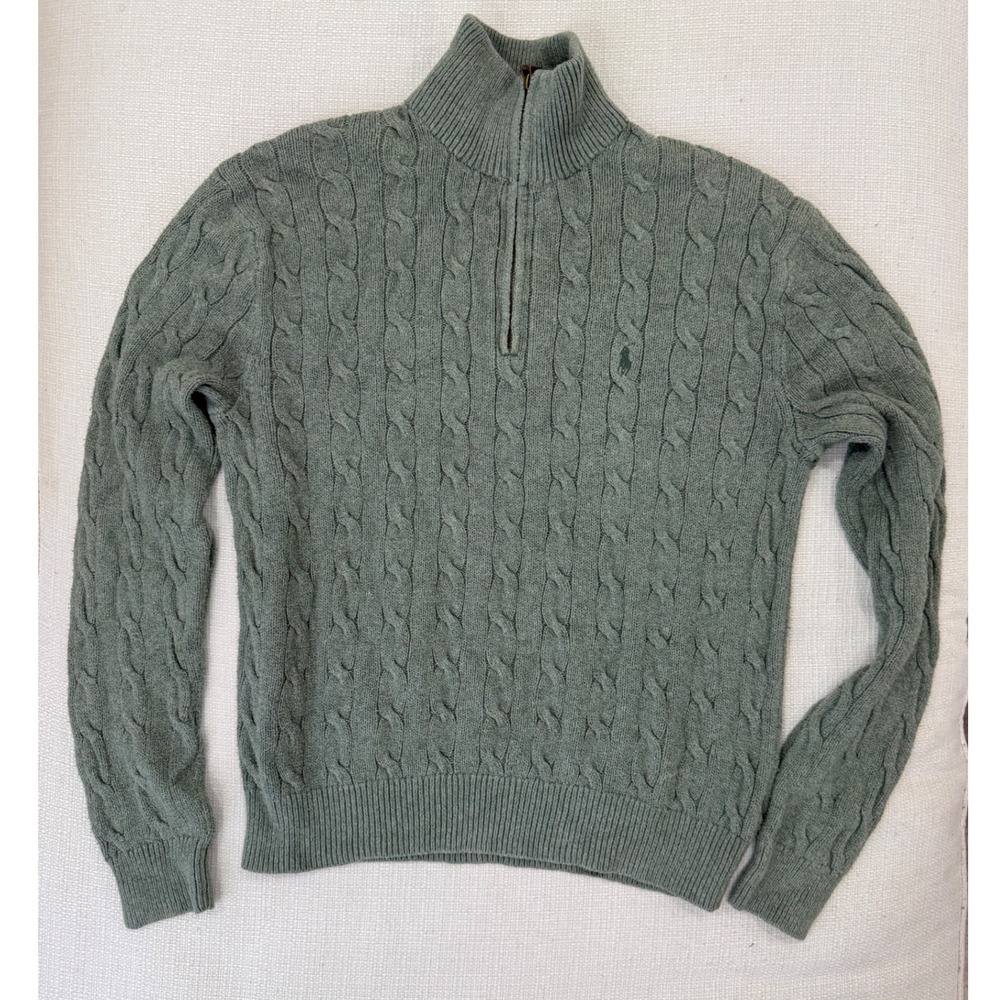 Polo Ralph Lauren Quarter Zip Women M Cable Knit Cotton Sweater Green Excellent